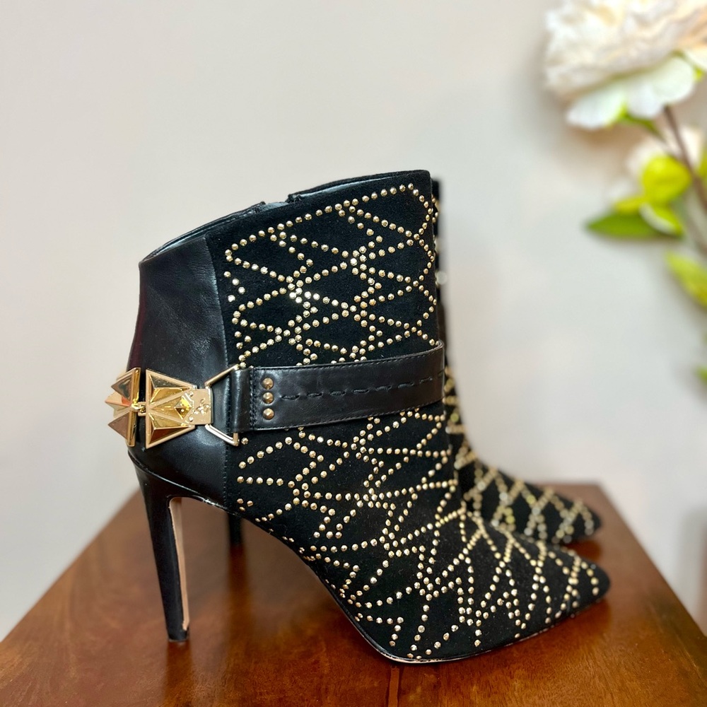 Sam Edelman Mila Black Suede Gold Stud Boots
